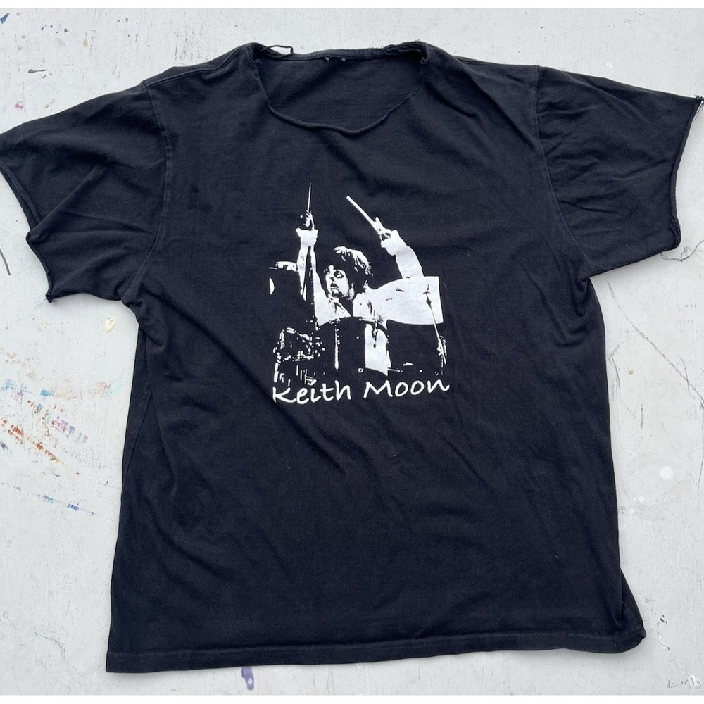 Men's Keith Moon T-Shirt Black Spell-Out NO SIZE 70s Rock 60s The Who DISTRESSED